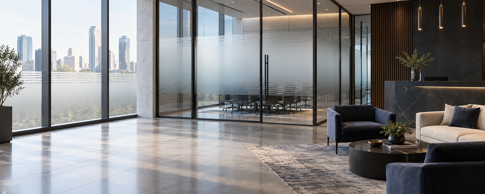 Commercial interior with frosted privacy window film